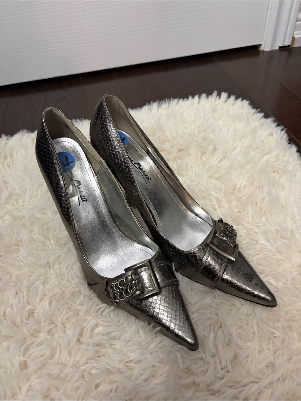 Anne Michelle Metallic Pewter Pointed Toe Pumps with Decorative Buckle
